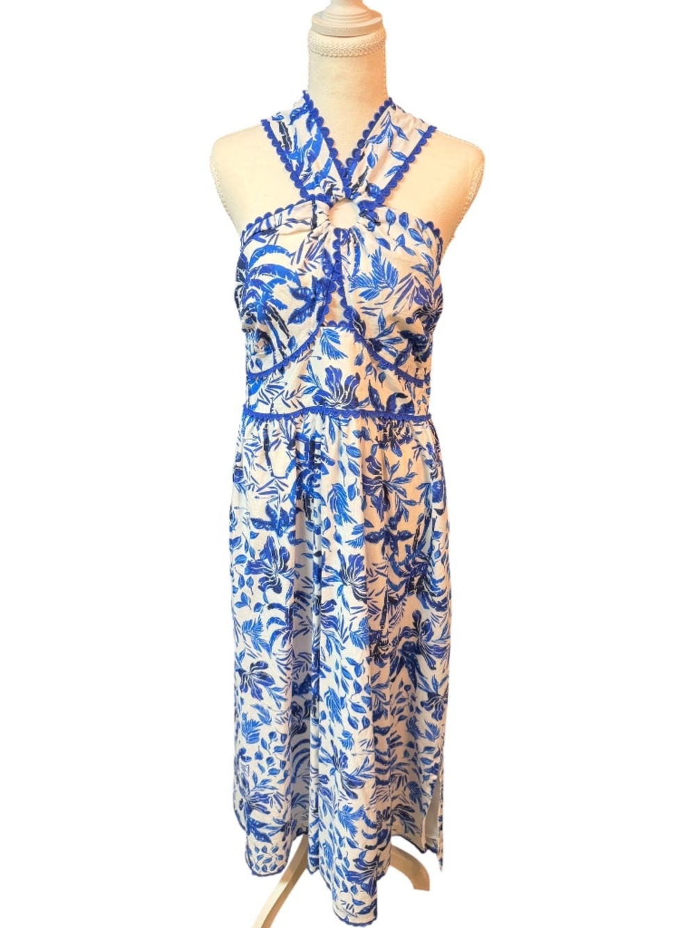 J Marie Hayden Ric Rac Cross Midi Dress Blue Floral Cutout Cottagecore XL
